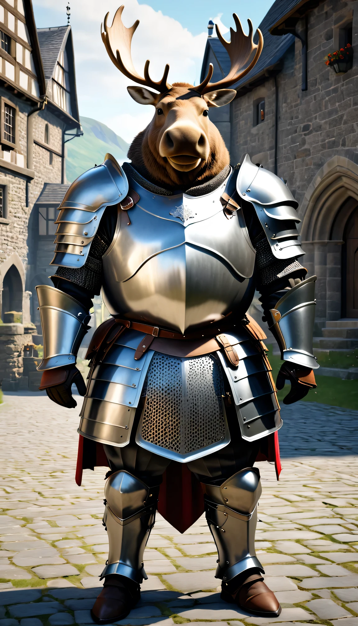 photorealistic portrait of Dressed animals - a ((fat)) (moose) knight,(hands on hips:1.5 ),(helmet), high quality,(lovely) ,intricate detailed armor, highly detailed ((knight armor, greaves, sabaton)) , highly detailed knight equipment , (happy), natural lighting,(full body image:2.0),(stone buildings background),score_9, score_8_up, score_7_up, score_6_up, score_5_up, score_4_up,