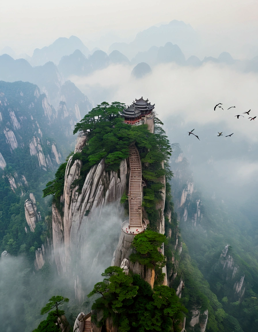 There are many birds flying on the mountain with stairs, Taoist Temples in Huangshan, Inspiring aerial view, The most beautiful scenery, stunning nature in background, Chinese scenery, zhangjiajie national forest park, nice environment, Stunning landscape images, Composed of trees and fantasy valley, Magnificent natural scenery, The beauty of natural landscape