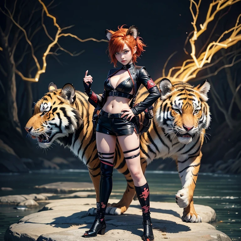 full body display、Half Beast Half Man、Yokai painting、Water Tiger、Horror painting、Appearance: An anthropomorphic tiger woman、One woman、Beauty、A strong-looking face、Looks 2、Redhead punk hair、Wearing black striped makeup on her face、Tiger-shaped gloves on hands、Tiger-shaped socks on feet、Combat pose、In a menacing pose、The claws on both hands are sharp、The background is the riverbed、