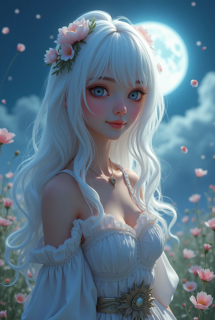 masterpiece, best quality, 1girl, (colorful),(finely detailed beautiful eyes and detailed face),cinematic lighting,bust shot,extremely detailed CG unity 8k wallpaper,white hair,solo,smile,intricate skirt,((flying petal)),(Flowery meadow) sky, cloudy_sky, building, moonlight, moon, night, (dark theme:1.3), light, fantasy,