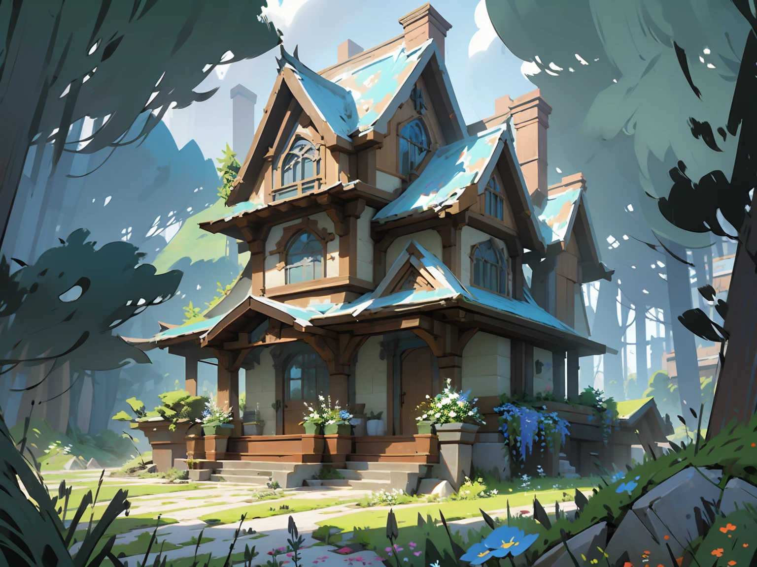 Fantasy house blueprint,Game Style,Wooden house,Fantasy house designs for Minecraft,Cute house,Fantasy games,Cute design,Natural,Flowers and grass are thriving,Blue brick roof