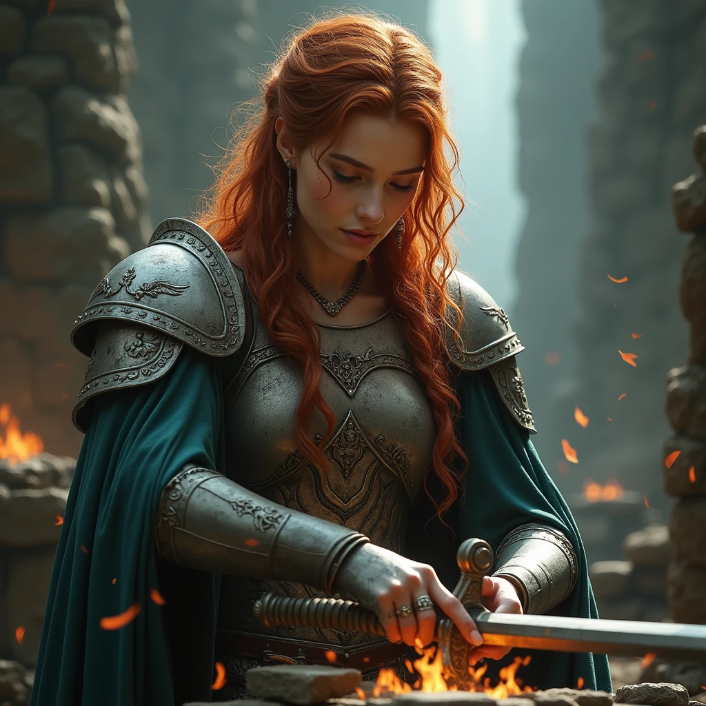 (best quality,4k,8k,highres,masterpiece:1.2),ultra-detailed, 1woman, Irish goddess Brigid, Auburn hair, Iron armor over druid robes, forging a sword, determined eyes, drawn in the style of Yoshitaka Amano, sks woman, HDR, 8k, absurdres, cinestill 800, sharp focus