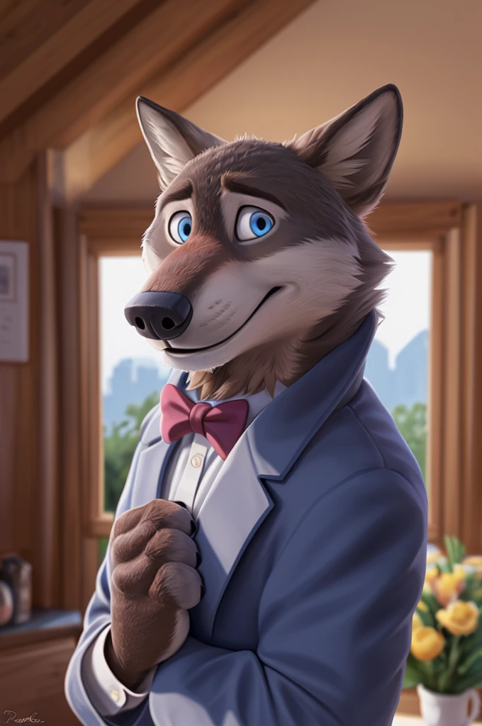 Larry (Zootopia), wolf, gray fur, (brown body:1.3), beautiful blue eyes, Zootopia, dressed,White jacket, pink shirt,White pants,burgundy bow tie,canine,wolf, detailed fur, Male, second, paw pads, finger claws,wears a bow tie, games,At the viewer, 5 fingers, paws, 4 toes, in the wedding palace, groom,ring, holds, flowers for wife,
BREAK from nextel, for dating, by xenoforge, (difficult, high detail,digital photography, soft focus, RAW, close to the camera, smile, positive, Good, mood, Houses, looks at the viewer, очень close to the camera, In the shop,his wedding, marriage palace combination,
photorealism, realistic, photorealistic,digital style, subsurface scattering,очень close to the camera
шедевр, Best quality, ultra realistic, 8 thousand.)