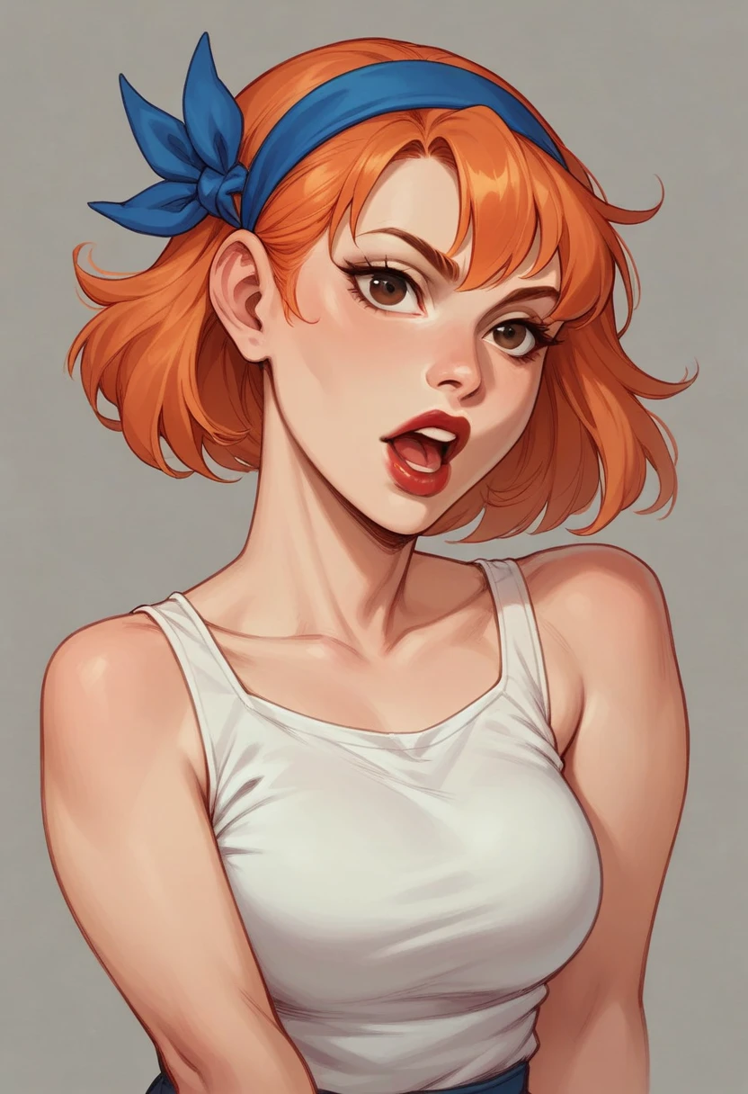 white female with short orange hair and blue headband in her hair, long mouth, thick red lips and big brown eyes.