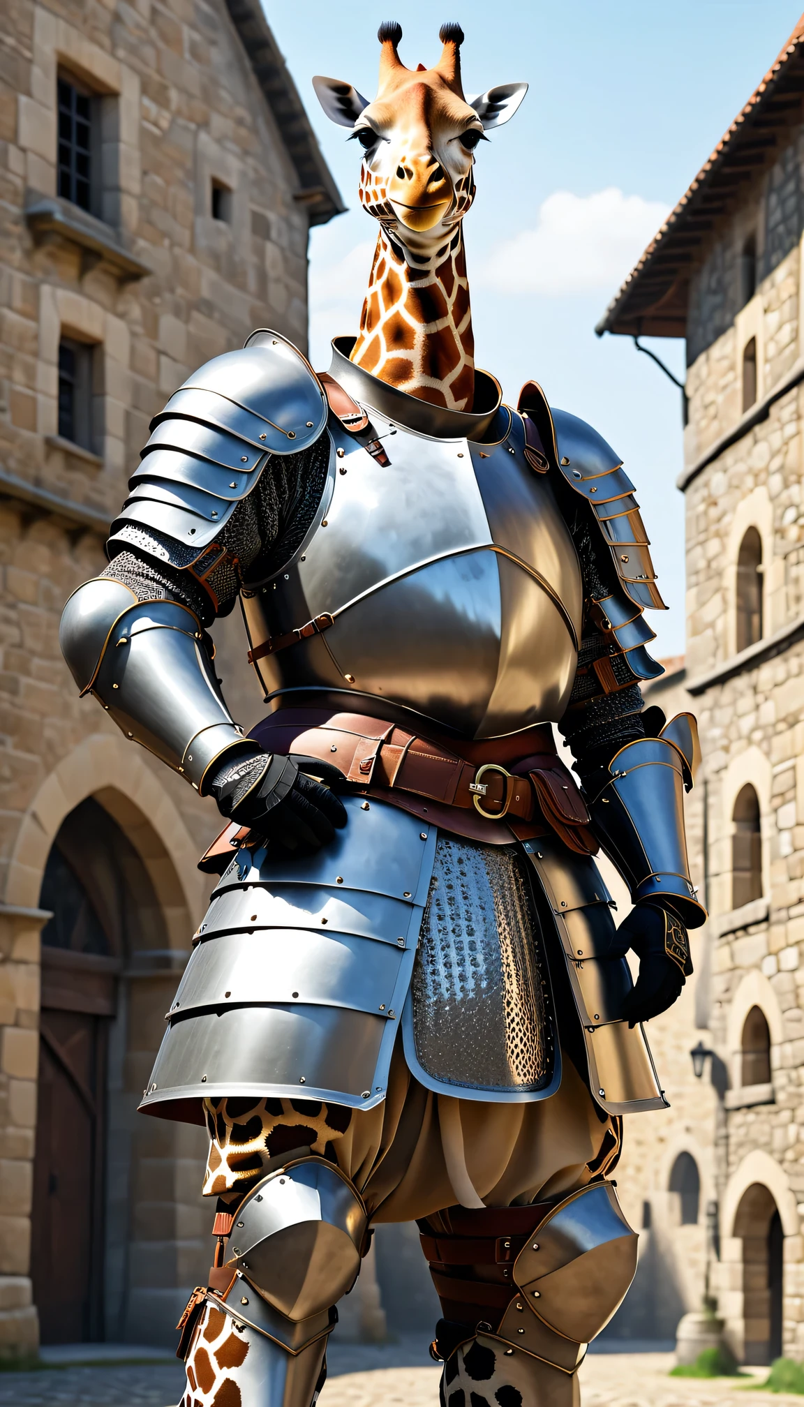 photorealistic portrait of Dressed animals - a ((fat)) (giraffe) knight,(hands on hips:1.5 ),(helmet), high quality,(lovely) ,intricate detailed armor, highly detailed ((knight armor, greaves, sabaton)) , highly detailed knight equipment , (happy), natural lighting,(full body image:2.0),(stone buildings background),score_9, score_8_up, score_7_up, score_6_up, score_5_up, score_4_up,