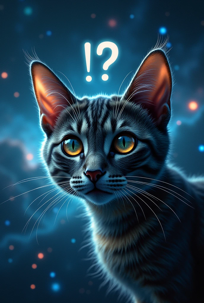 Close-up of a cat face, outer space in the background (stars and galaxies shining beautifully), space cat, large "!?" on the screen is written in large letters on the screen,