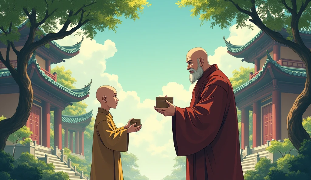 Chinese bald desciple showing tiny box to chinese old fat and bald monk Sensei, surrounded by temples and beautiful trees, beautiful scenario, in anime style, 