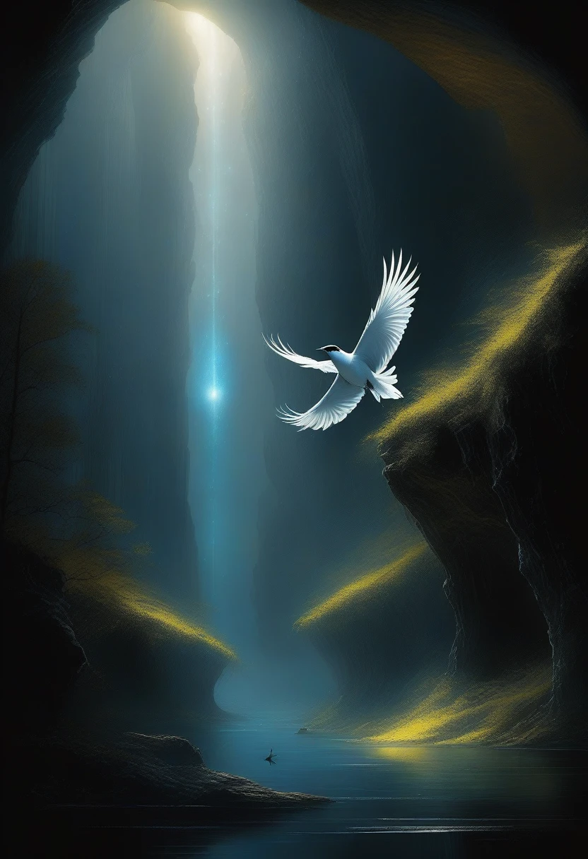 In an atmosphere of awe and fear, Through the depths of the darkest cave, Come to the majestic and mysterious magical creature bird, Delicate and charming brushstrokes, Every line and curve in this extraordinary image is stunning, Unparalleled exquisite top-level design, photo, Like the finest quality craftsmanship, Every element is decorated with the finest details, Exquisite Shine Essence, meteor, It emits a beautiful glow,