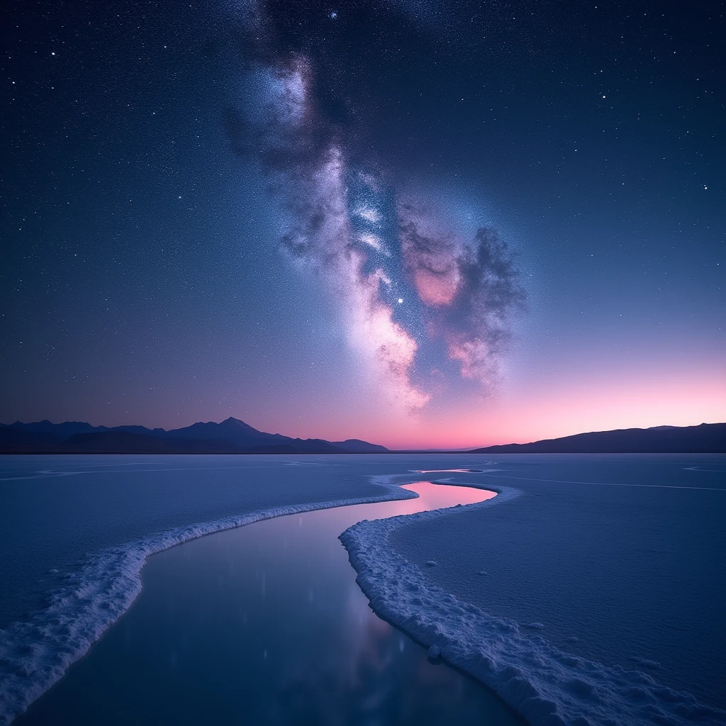 best quality、masterpiece、film grain、ultra high resolution、Milky Way reflected in the Uyuni Salt Flats、(((pink starry sky:1.5)))、Blue Crescent Moon :0.1、