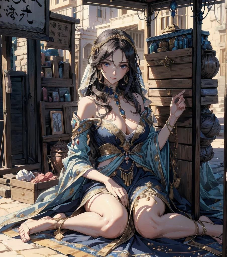absurdres, RAW photo, extremely delicate and beautiful, masterpiece, Highest Quality, ultra high resolution, 32k, hyperrealistic, realistic, photorealistic, photo-realistic, Real, ultra-detailed, Very detailed CG 8k wallpaper, detailed background, landscape, Beautiful Lighting, Perfect Lightning, Realistic Shadows, perfect anatomy, anatomically correct, ideal ratio body proportions, perfect figure, Perfect Style, Perfect balance, super Detailed skin, in her 30s, very Slim body, narrow waist, very small head, very small face, delicate facial features, handsome detailed woman, very detailed eyes and face, realistic face proportions, Realistic beautiful face, Realistic beautiful eyes, tearful mole, earring, full body shot, very huge round tits, medium hair, asymmetrical hair, wavy hair, A suspiciously beautiful woman, her face hidden by a veil, sits on the ground in an alleyway in a desert town, selling her wares in a stall on a carpet. She wears intricate and delicate ornaments. The carpet at her feet is lined with accessories and goods decorated with gold and jewels.