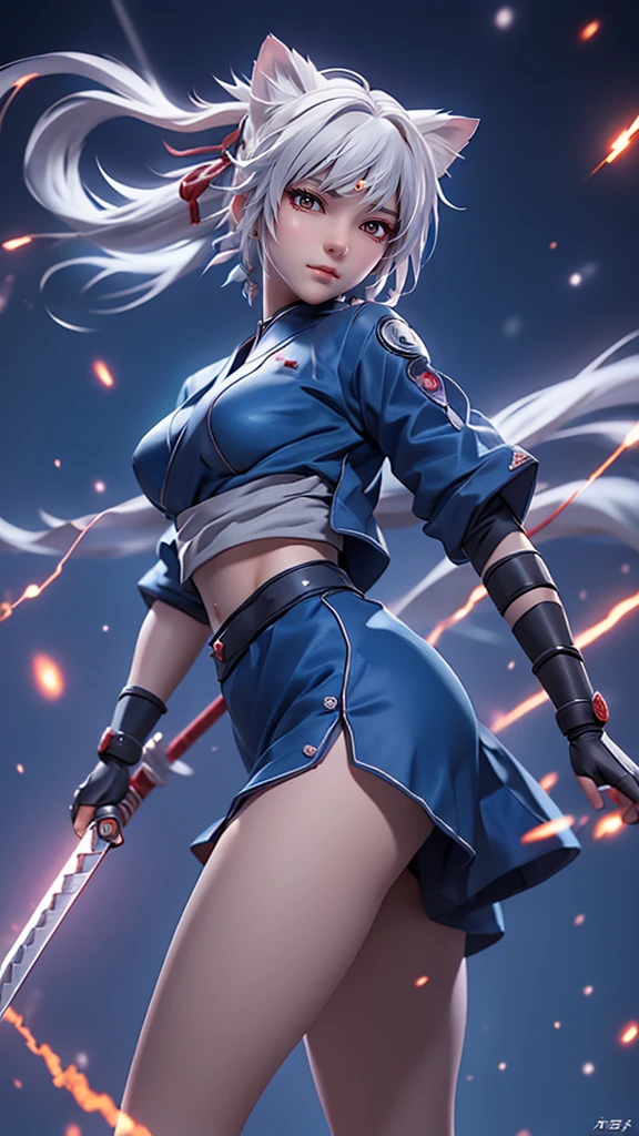 Moisturized Skin, (Red eyes), Realistic body, (Adult female body), Energetic, (), (),3DCG, 
break,
Bright red lipstick, (Beautiful belly button), (Silver Hair), ((Cat ear)), Beautiful Hair, (Hatake Kakashi's clothes: 1.3),
break,
((masterpiece + Highest quality + High resolution + Very detailed)), (whole body: 1.2), Symmetric, One shot,
break,
(Electric shock), (The wind is blowing), (Blue electricity), (Combat Ready: 1.4),
break,
(Big Japan sword), Ninja, In the mansion, assassination, cut, Kunai, Fantasy, dynamic,