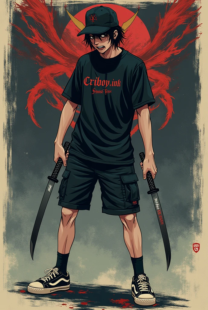 Teenage gothic man with shorts, tennis shoes, hat and horns and with a katana in his hand, anime style, possessed by the devil. With his name in the background on a poster that is crilboy.Ink
