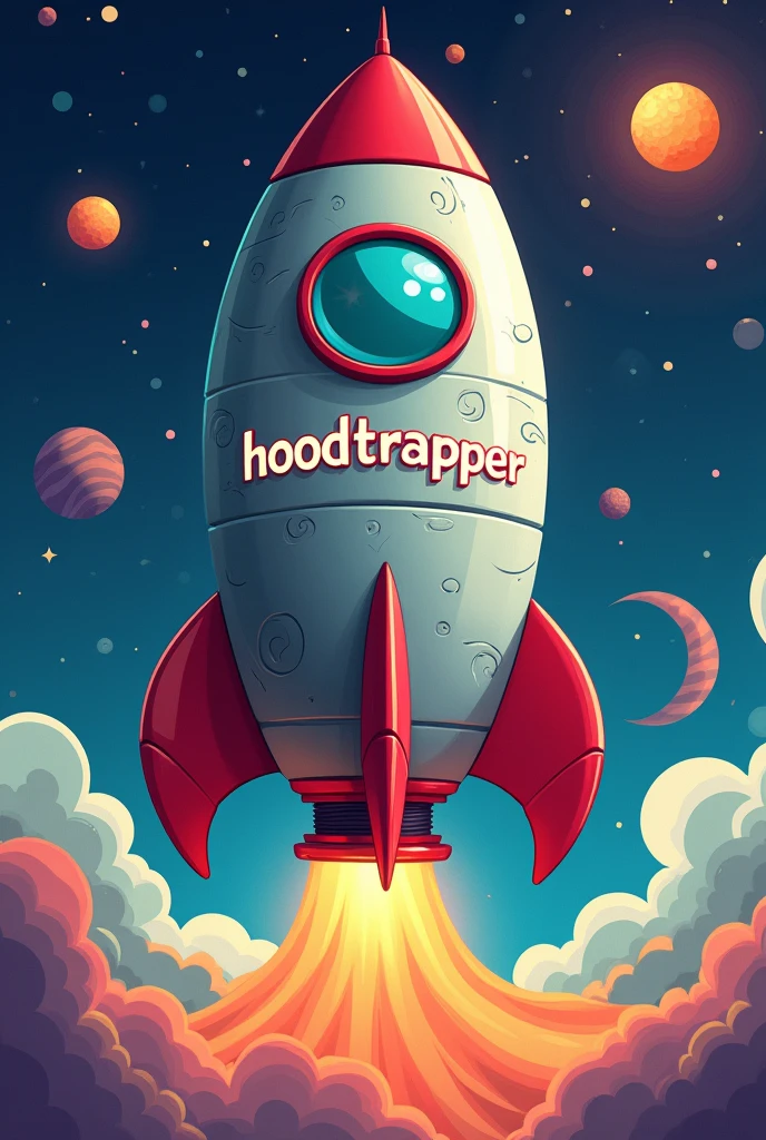 Cartoonish space rocket with the word “HOODTRAPPER” written on it
