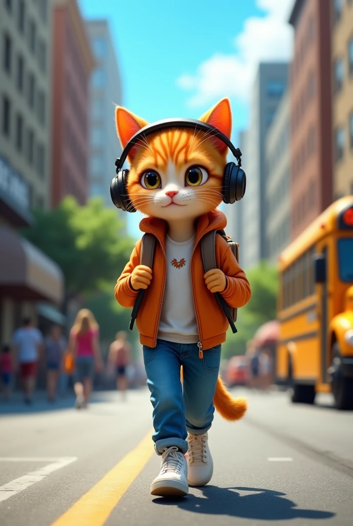 A cat walking ina city street, the cat is orange and black, cat wearing blue jeans and white sneakers,it has brown bag pack on its back and also wearing black headphones on its head, The street is lined with tall buildings, there is a yellow school bus on the right side of the cat , people can walk on footpath in the background the skr is blue a and the weather appears to be sunny