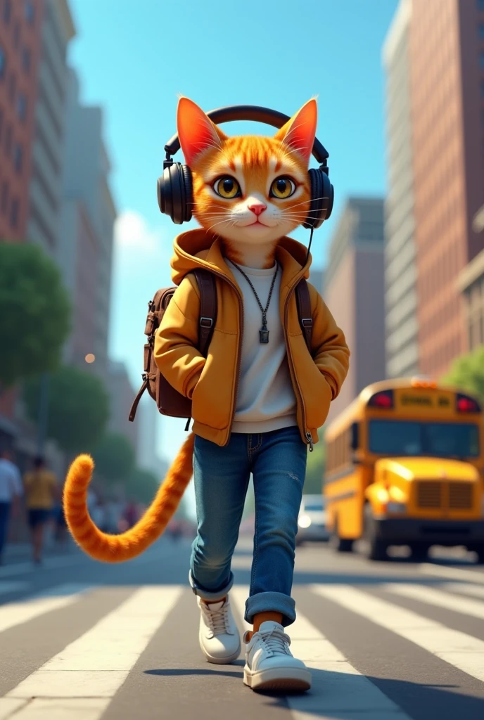 A cat walking ina city street, the cat is orange and black, cat wearing blue jeans and white sneakers,it has brown bag pack on its back and also wearing black headphones on its head, The street is lined with tall buildings, there is a yellow school bus on the right side of the cat , people can walk on footpath in the background the skr is blue a and the weather appears to be sunny