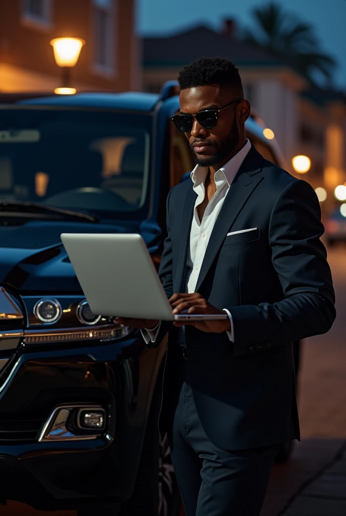 Young and rich black man, dressed in a classic suit and sunglasses, ,  next to a big black Land Cruiser V8 car, in a neighborhood at night messing around on the computer