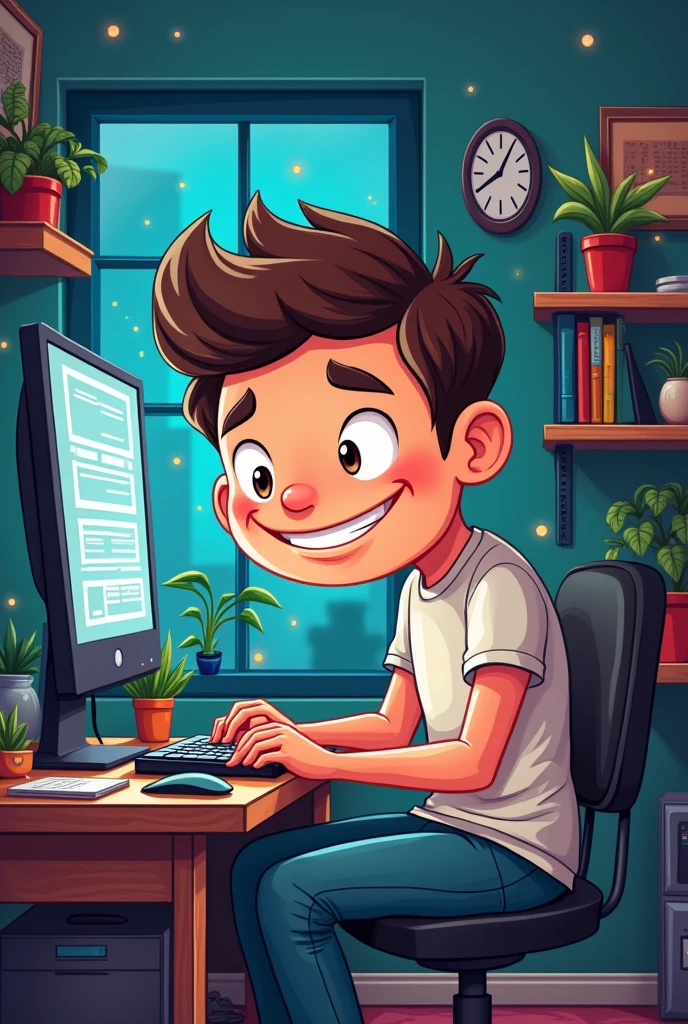 Developer in front of screen, cartoonized