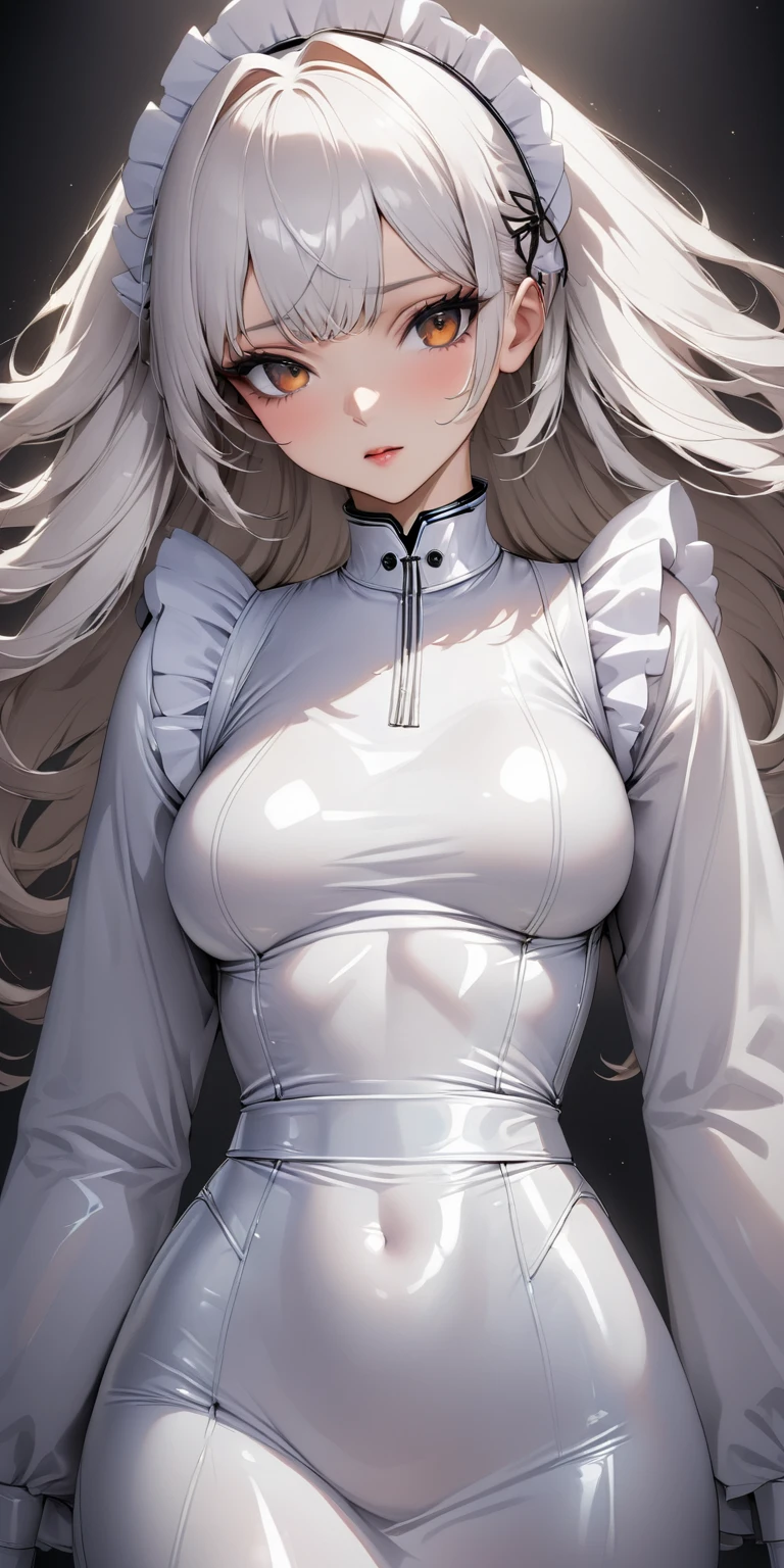 Portraiture、(masterpiece,Highest quality,Ultra-high resolution),Japanese women, (((A very beautiful 2))),(White latex maid outfit)、(White latex long skirt)、(A long-sleeved white latex shirt covering the upper body)、White latex long gloves、White latex tights、Latex bodysuit、The clothes fit snugly to the body、Latex is very shiny、Dark Room、