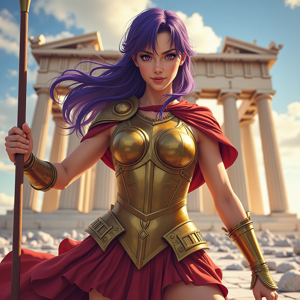 (best quality,4k,8k,highres,masterpiece:1.2),ultra-detailed, 1woman, Greek goddess Athena, purple hair, wearing golden hoplite armor with helmet, attacking pose, wielding a spear, looking at the viewer, wise, impressive, seductive eyes, in front of the Parthenon, drawn in the style of Yoshitaka Amano, HDR, 8k, absurdres, cinestill 800, sharp focus
