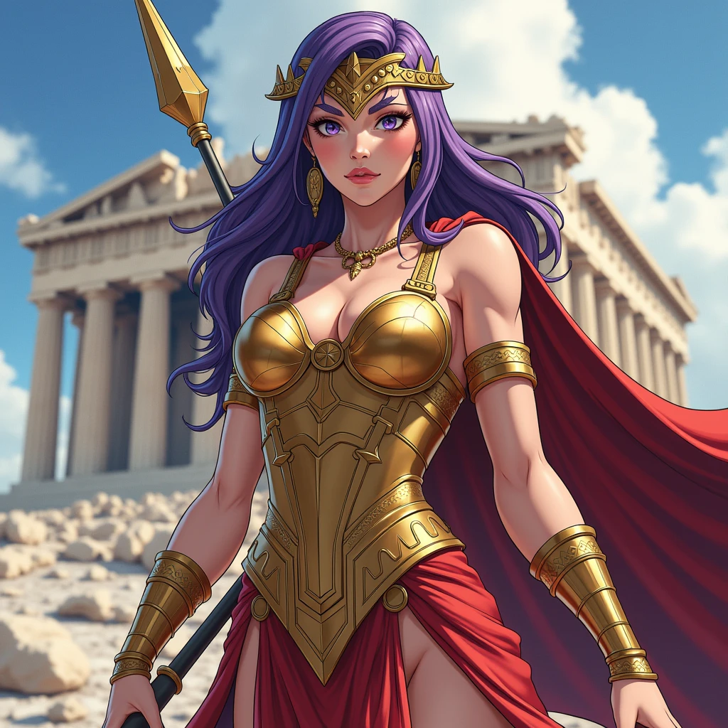 (best quality,4k,8k,highres,masterpiece:1.2),ultra-detailed, 1woman, Greek goddess Athena, purple hair, wearing golden hoplite armor with helmet, attacking pose, wielding a spear, looking at the viewer, wise, impressive, seductive eyes, in front of the Parthenon, drawn in the style of Yoshitaka Amano, HDR, 8k, absurdres, cinestill 800, sharp focus
