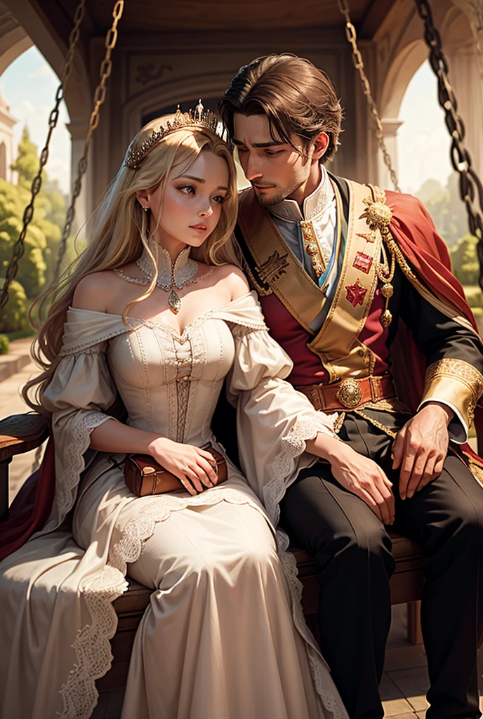 The king and the queen are sitting on the swing and the queen is talking about love with her head on the king's lap. Hearing this, the king gave many roses to the queen, the queen was very happy and hugged the king.