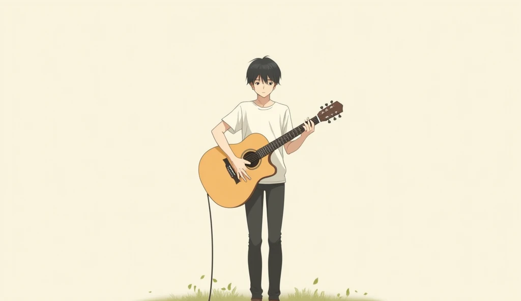 Minimalistic 2D touch in the style of Japanese anime. The main character (male) in this illustration is a full-body portrait of a . He is playing guitar.