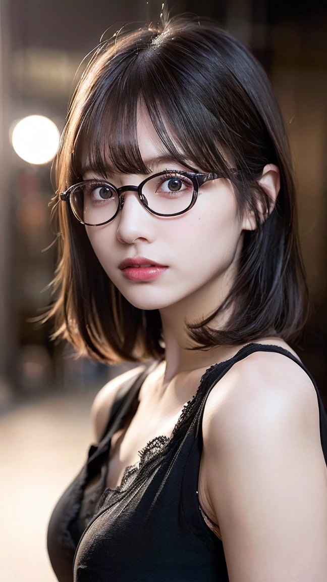 (raw photos, best quality), (realistic, photo-realistic:1.2), 1 girl, High quality, (Highly detailed skin:1.4), Bags under the eyes, glasses, Beautiful hair, (dark room:1.3), (By the light:1.3), (The light is dim.:1.3), (dark night:1.3), In the building, Portrait, black hair, dark background, short hair, Lace bra
