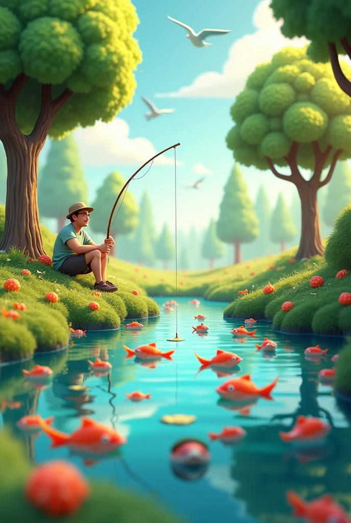 In Cinematic 3d cartoon style"many fishes in the pond around the pond have three tree sitting a fisherman side of tree in the sky birds flying image set in the morning with sunrising