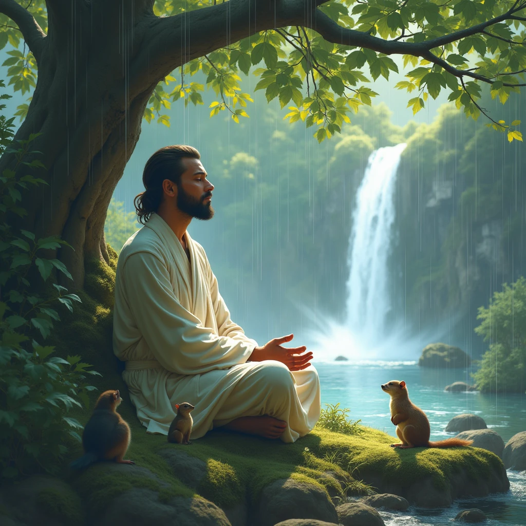 A religious person meditating under a big leaf raining weather beautiful landscape water fall animals calmly looking at him