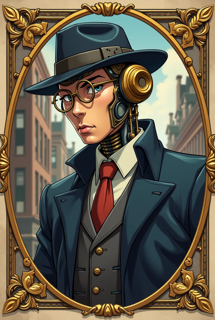 Unite Detective Layton and Blitzcrank from League of Legends in a DND 5E token that shows Blitzcrank's intelligence if he were Professor Layton from his universe in the style of Yoko Takada, but let blitzcrank be professor layton