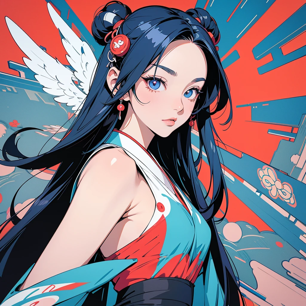 A vector art style, front view of an anime girl with traditional Japanese elements and cyberpunk design, hands in a prayer pose, multiple eyes on her head, she has wings behind her back, the background is a temple with a red and blue color theme, a colorful pop art illustration in the style of cool, a highly detailed, clean, bold manga poster, a 2D, flat, symmetrical composition. --ar 3:4 --niji 6