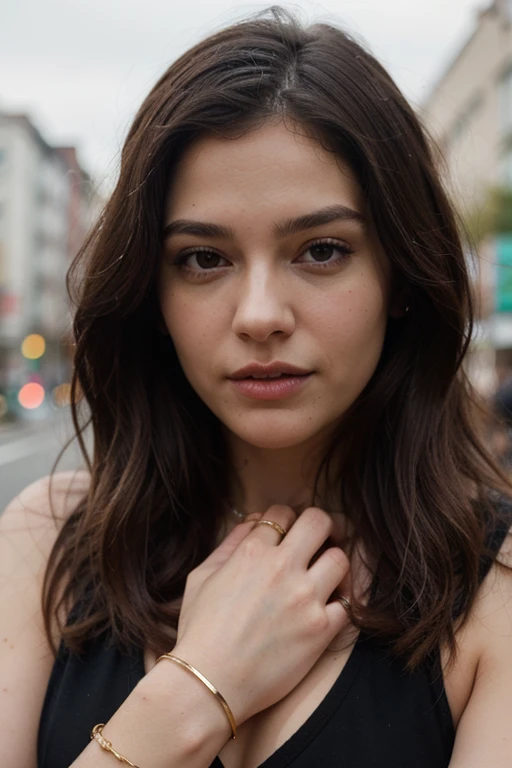 https://s.mj.run/eBbFwKw1knE woman like on this photo. Woman with long dark chocolate color hair 3. Photorealistic, shot like professional fashion photoshoot. On the woman's hand is a gold bracelet, on her finger is a gold ring. vogue --ar 4:5 --personalize mp1xkjx --stylize 750 --v 6.1