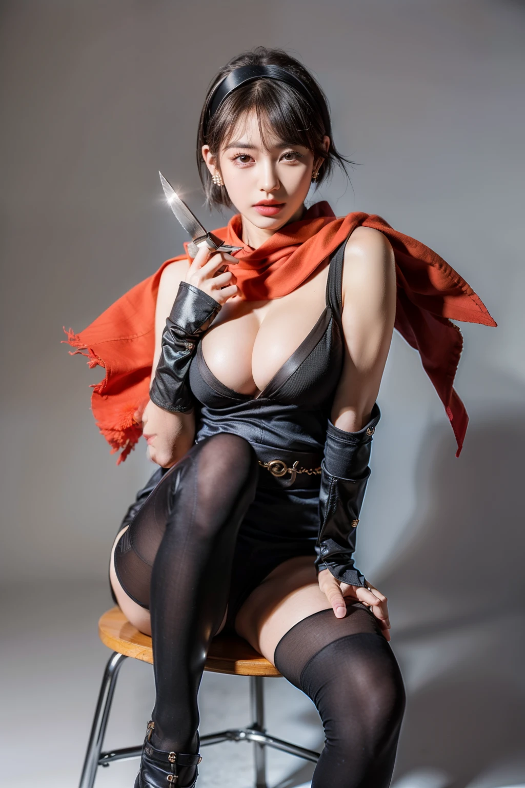 (RAW shooting:1.2, Photoreal:1.5, 8k:1.2, highest quality:1.2, masterpiece:1.2, ultra high resolution:1.2), (perfect dynamic composition:1.2, Highly detailed skin and facial textures:1.2,beautiful and aesthetic:1.2, full body:1.2, Fair skin:1.2), (large breast:1.4, Chest gap:1.4), (perfect limbs:1.2), (perfect fingers:1.2),(1girl:1.2,tall:1.2,sexy:1.2,asian:1.2,glamour:1.2,makeup:1.2),(sitting:1.2,chair:1.2,legs together:1.2),(earrings:1.2),(ragnarok_ninja:1.2),(red ninja scarf:1.2),(black short hair cut:1.2),(hairband:1.2),(double eyelid:1.2),(sash:1.2),(knife:1.5),(simple background:1.2),(thigh tights:1.2),(ninja boots:1.2),