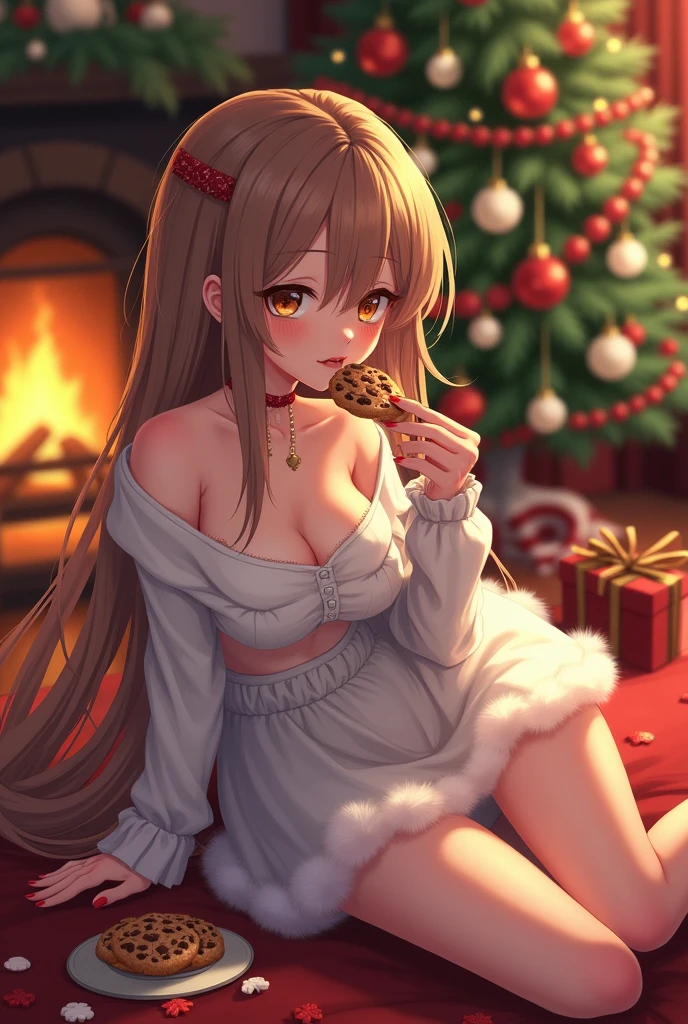 Girl with light brown hair in white fluffy short skirt and long sleeves lies on the floor in the living room in a provocative manner,Next to it is a plate of Christmas cookies and in his hand are some Christmas cookies,Taking her mouth in a delicate and sexy way, The setting is illuminated by a fireplace at night,The camera is at a far angle,masterpiece,illustration,Extremely delicate and beautiful,Extremely detailed,CG,Unite,(1 Girl:1.2),ta 1,fengtimo