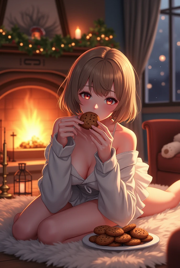 Girl with light brown hair in white fluffy short skirt and long sleeves lies on the floor in the living room in a provocative manner，Next to it is a plate of Christmas cookies and in his hand are some Christmas cookies，Taking her mouth in a delicate and sexy way, The setting is illuminated by a fireplace at night，The camera is at a far angle,masterpiece,illustration,Extremely delicate and beautiful,Extremely detailed,CG,Unite,(1 Girl:1.2),ta 1,fengtimo