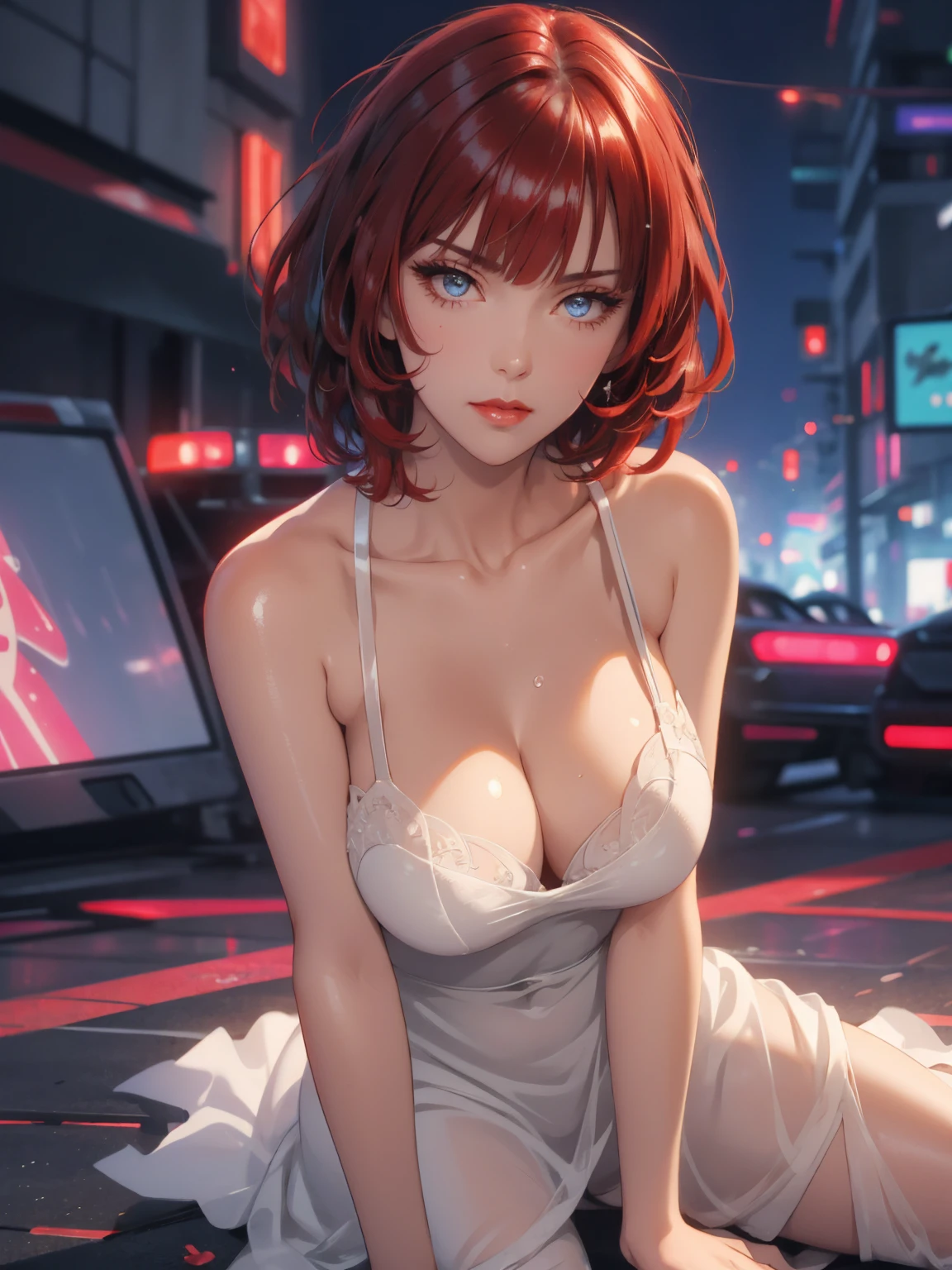 1girl,a beautiful fashion model ,(masterpiece, detailed background, best quality),short and shiny hair, red hair, hair with highlights, bangs, smirk,juicy lips,red lips, calmart, lingerie, stripping, elegant makeup, blue eyes, full body shot, (shiny skin), cyberpunk, sci fi, boa, extravagant jewelry, cocky expression, covered in jewelry, fancy, see through white dress, shiny skin, wet skin. running hand through hair