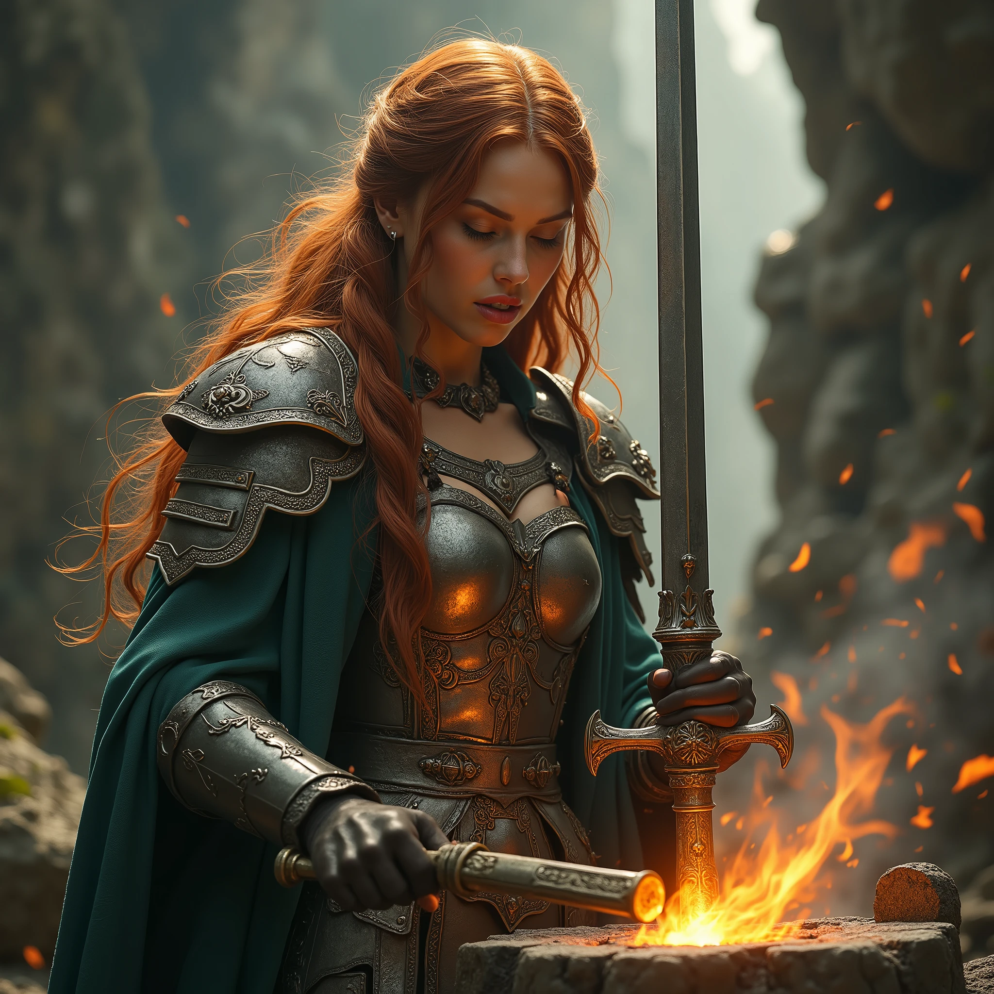 (best quality,4k,8k,highres,masterpiece:1.2),ultra-detailed, 1woman, Irish goddess Brigid, Auburn hair, Iron armor over druid robes, forging a sword, determined eyes, drawn in the style of Yoshitaka Amano, sks woman, HDR, 8k, absurdres, cinestill 800, sharp focus
