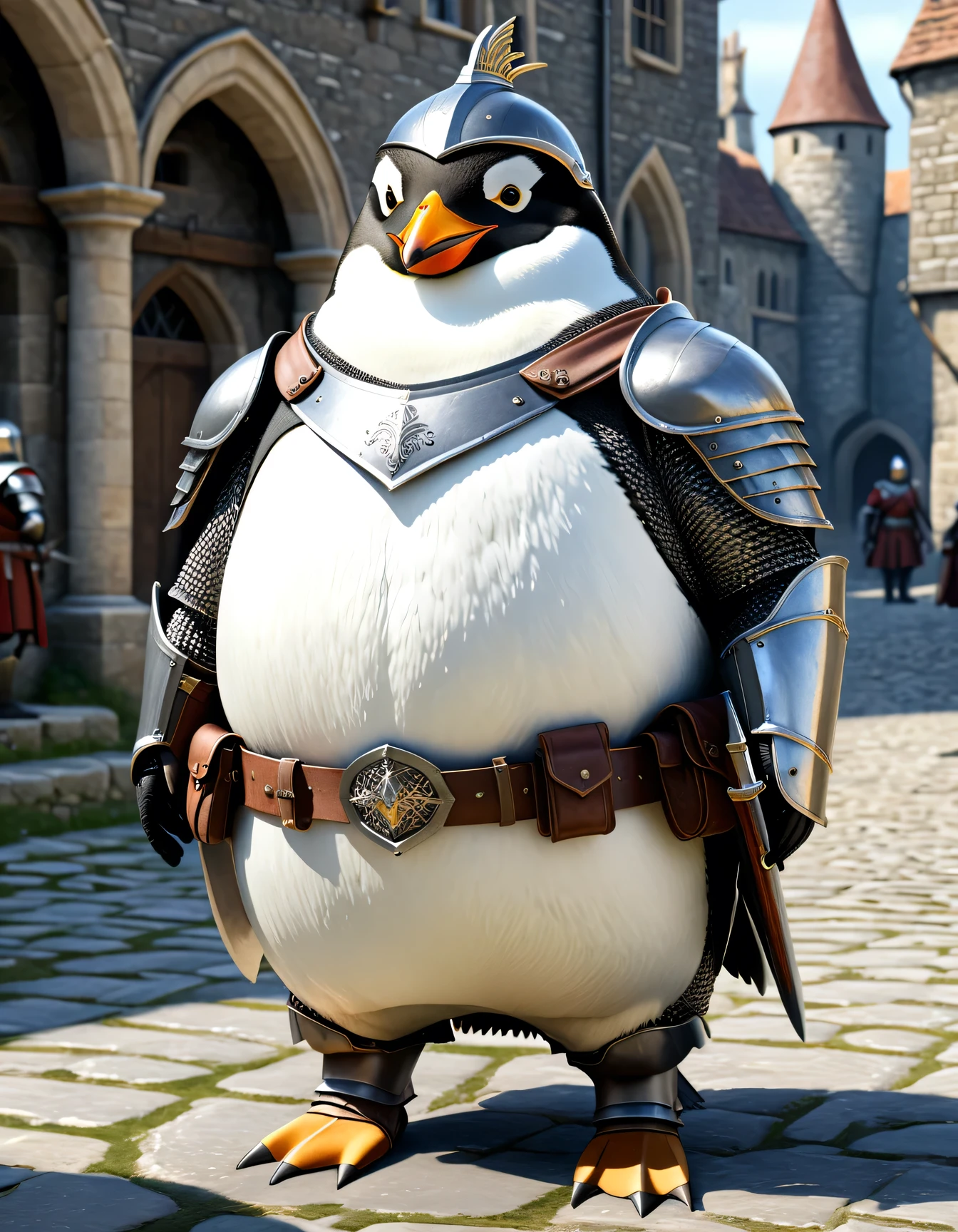 photorealistic portrait of Dressed animals - a ((fat)) (penguin) knight,(hands on hips:1.5 ),(helmet), high quality,(lovely) ,intricate detailed armor, highly detailed ((knight armor, greaves, sabaton)) , highly detailed knight equipment , (happy), natural lighting,(full body image:2.0),(stone buildings background),score_9, score_8_up, score_7_up, score_6_up, score_5_up, score_4_up,