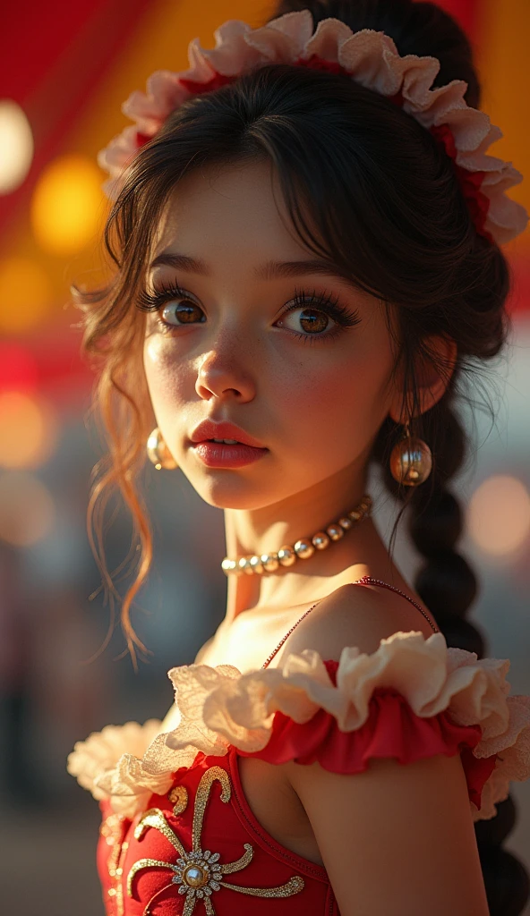 A circus performer girl, extremely detailed eyes and face, long eyelashes, beautiful young girl, circus performer outfit, colorful circus tent background, dynamic circus performance pose, backlit dramatic lighting, fantasy color palette, cinematic composition, high quality, photorealistic, 8k, masterpiece