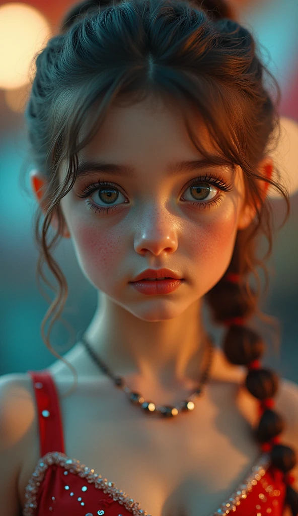 A circus performer girl, extremely detailed eyes and face, long eyelashes, beautiful young girl, circus performer outfit, colorful circus tent background, dynamic circus performance pose, backlit dramatic lighting, fantasy color palette, cinematic composition, high quality, photorealistic, 8k, masterpiece