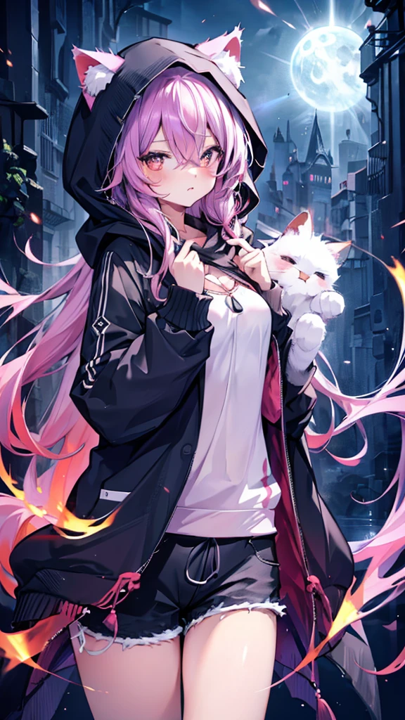 cute,Women,cat ear,hooded shawl,long hair shawl,breast enlargement,shorts,magic wand,best quality,masterpiece,Ultra-high resolution,photoactual