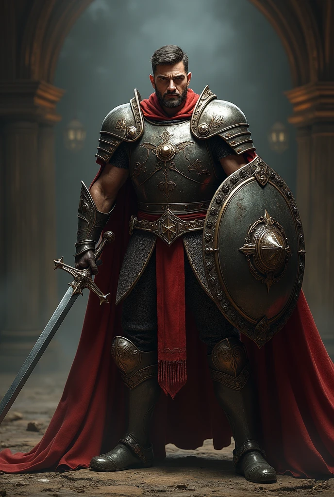 a man with a dashing face and dashing body posture holding a sword in his left hand (then his right hand holding a shield) , preparing to fight and wearing armor