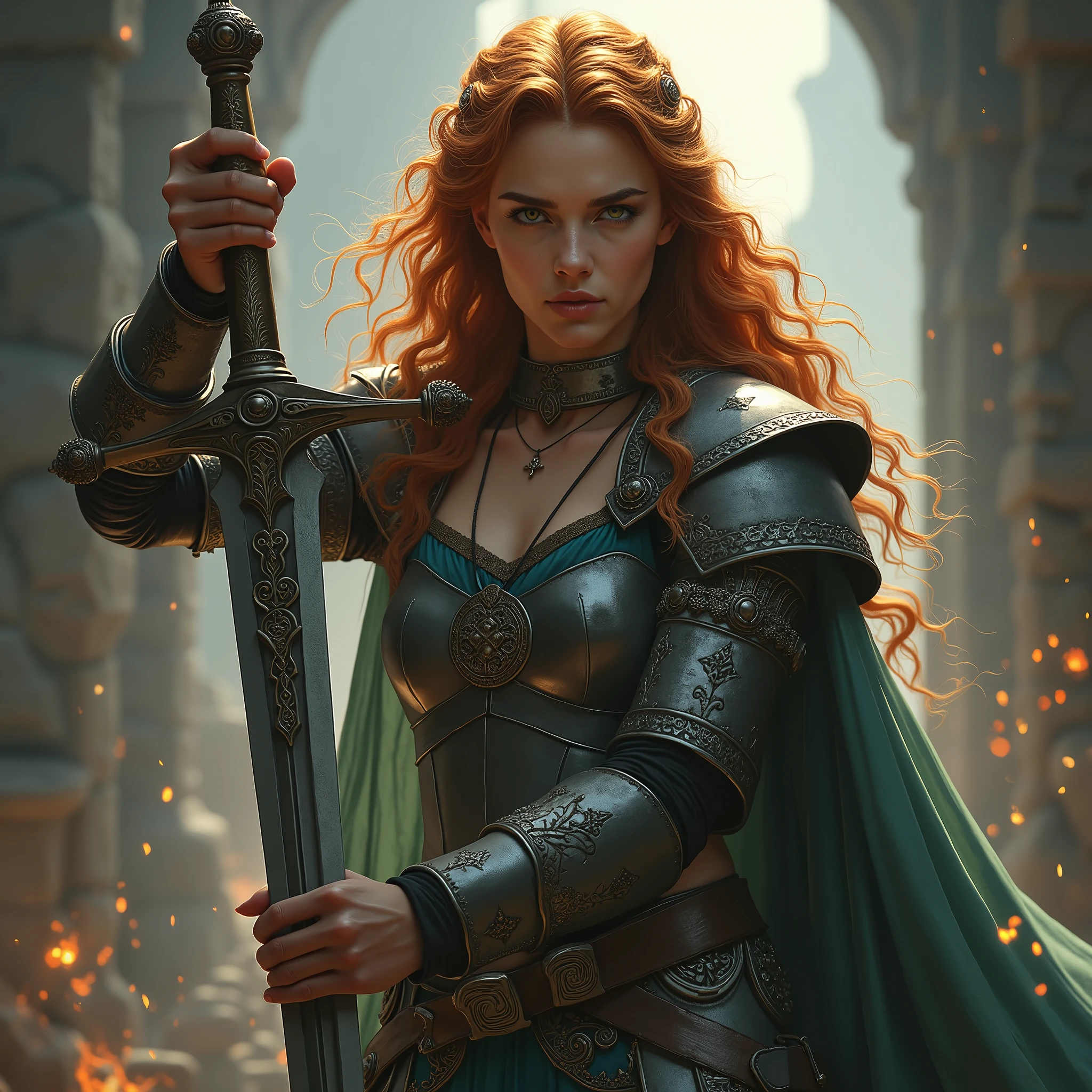 (best quality,4k,8k,highres,masterpiece:1.2),ultra-detailed, 1woman, Irish goddess Brigid, Auburn hair, Iron armor over druid robes, forging a sword, determined eyes, drawn in the style of Yoshitaka Amano, sks woman, HDR, 8k, absurdres, cinestill 800, sharp focus

