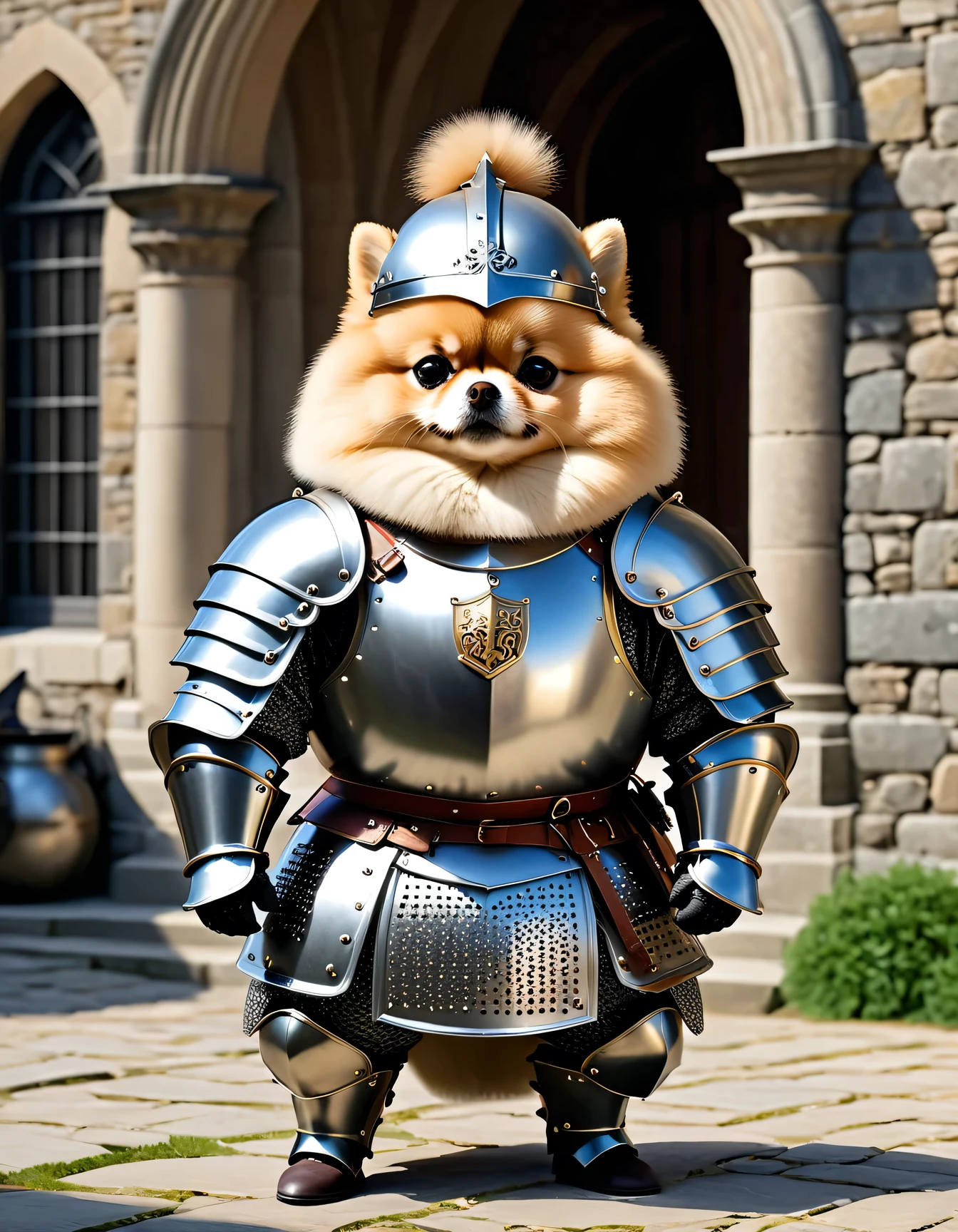 photorealistic portrait of Dressed animals - a ((fat)) (Pomeranian) knight,(hands on hips:1.5 ),(furry),(helmet), high quality,(lovely) ,intricate detailed armor, highly detailed ((knight armor, greaves, sabaton)) , highly detailed knight equipment , (happy), natural lighting,(full body image:2.0),(stone buildings background),score_9, score_8_up, score_7_up, score_6_up, score_5_up, score_4_up,