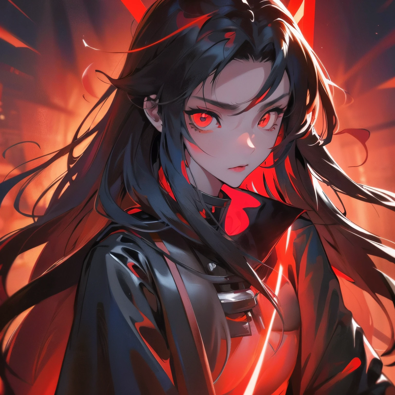 teenage girl, dark black without face or anything with red aura in the background, emitting evil red aura evil aura, epic anime style, red eyes glowing, with glowing red eyes, with red glowing eyes, just black , red aura, dark glowing red aura,phonk style, glowing red eyes, glowing and epic