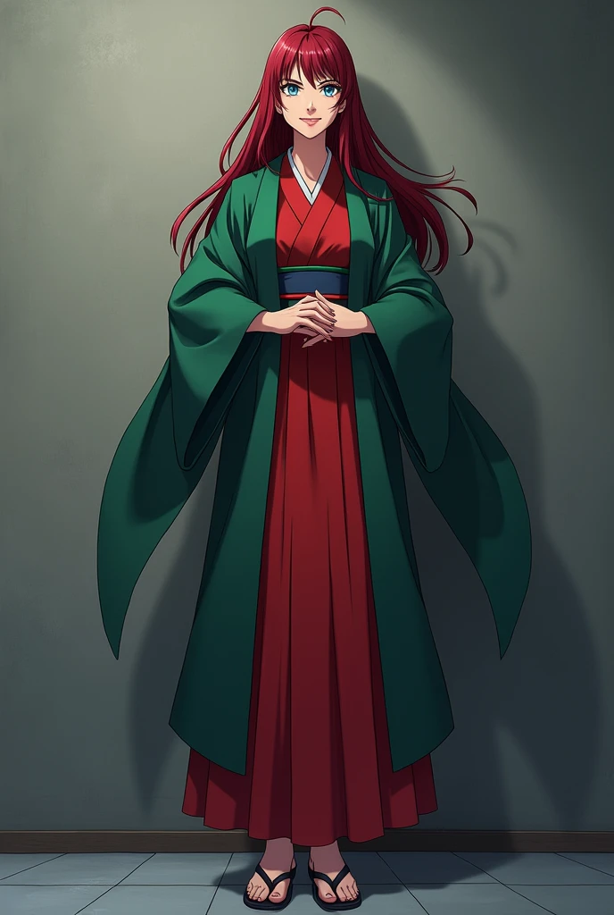 The image is anime style with shadows and dim lights, anime style although somewhat adult and dark, In it appears a single adult woman of 40 years old, she has blue eyes and wears a beautiful oversized green and red yukata.; He also wears sandals. She has very long and loose hair., dark red. you see the woman, calculating and shrewd. The background of the image is a grey wall. She is the antagonist of the story, sonríe confiada y challenging. Is standing, challenging.