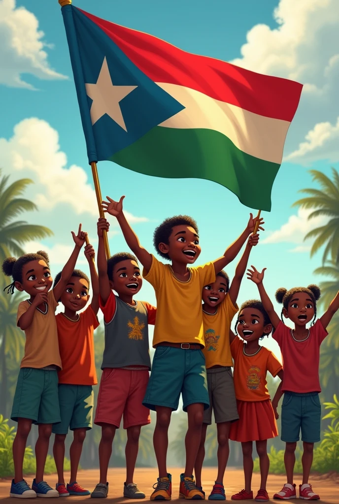 A group of african children raising Liberia flag