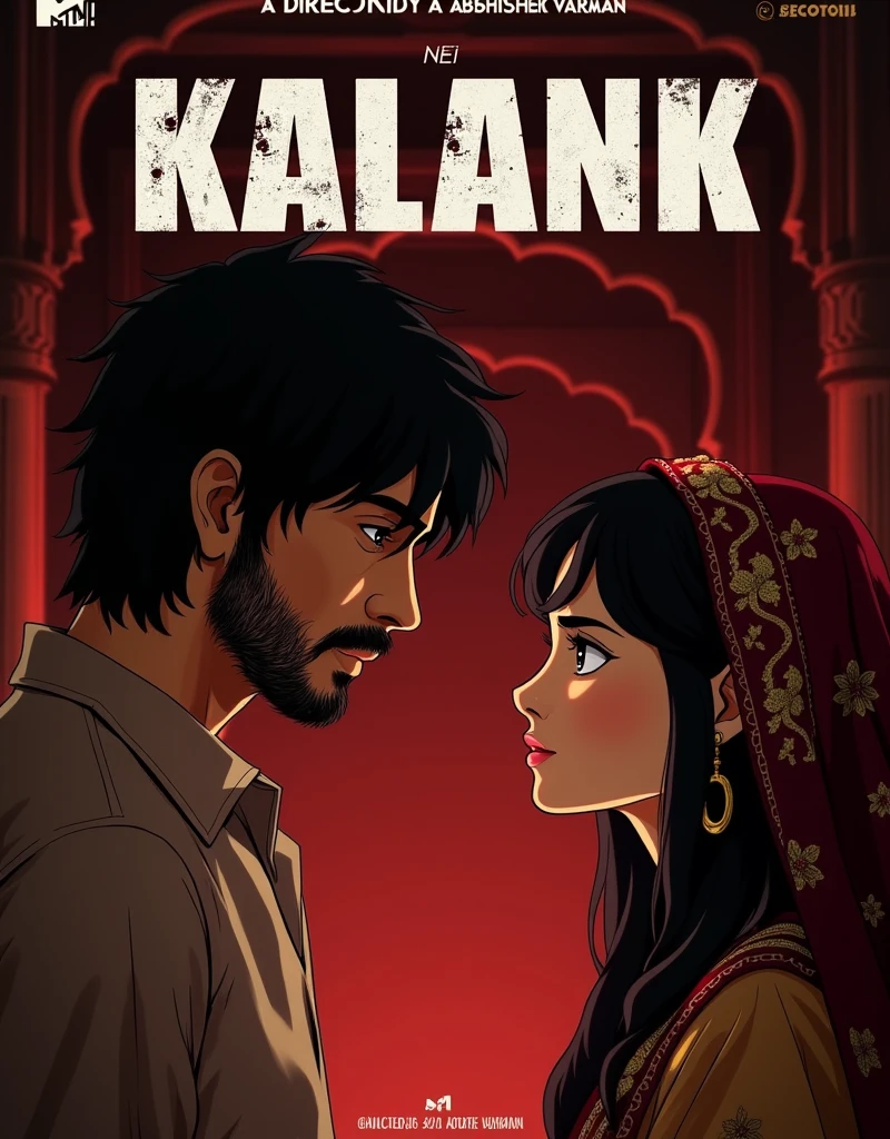 Create a anime style landscape Poster image. Dramatic movie poster featuring two individuals in an intense, close-up moment. The layout is vertical with the title 'KALANK' prominently displayed at the top in bold, distressed white text with a slight shadow effect, directed by Abhishek Varman. The background is a deep red gradient, adding to the dramatic effect. The male on the left has medium-length, tousled hair, a beard, and a serious expression, wearing a light-colored shirt. The female on the right has fair skin, dark hair, and is wearing a traditional, intricately embroidered headscarf with floral patterns. Both characters are gazing into each other's eyes, creating a sense of tension and emotion. The background features a dimly lit architectural structure, adding depth to the scene.