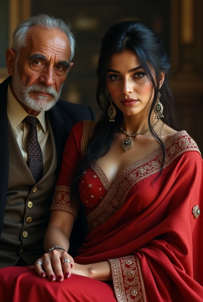 Indian woman in red sari, beautiful face prostitute with rich old man as king sitting