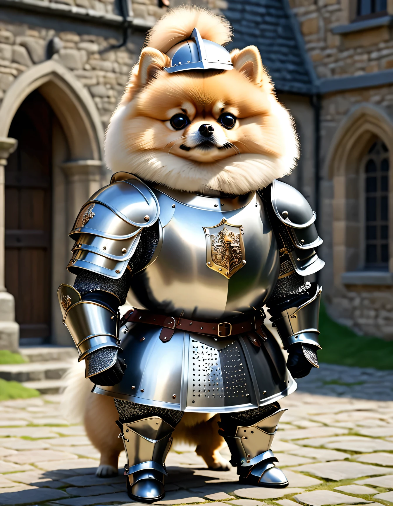 photorealistic portrait of Dressed animals - a ((fat)) (Pomeranian) knight,(hands on hips:1.5 ),(furry),(helmet), high quality,(lovely) ,intricate detailed armor, highly detailed ((knight armor, greaves, sabaton)) , highly detailed knight equipment , (happy), natural lighting,(full body image:2.0),(stone buildings background),score_9, score_8_up, score_7_up, score_6_up, score_5_up, score_4_up,